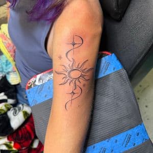 Fine Line + Black-work sun tattoo on Forearm by InkedbyJunior on TattMe
