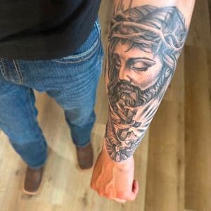 Black & Grey + Realism jesus tattoo on Forearm by InkedbyJunior on TattMe