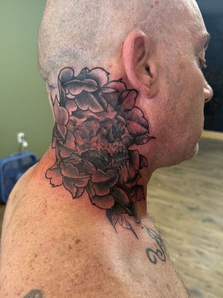 Black & Grey + Illustrative skull tattoo on Neck (Side) by InkedbyJunior on TattMe