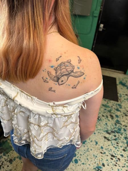 Illustrative + Black & Grey sea turtle tattoo on Shoulder Blade by InkedbyJunior on TattMe