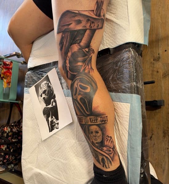 Black & Grey + Realism ghostface tattoo on Calf by InkedbyJunior on TattMe