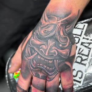Black & Grey hanya mask tattoo on Hand by InkedbyJunior on TattMe