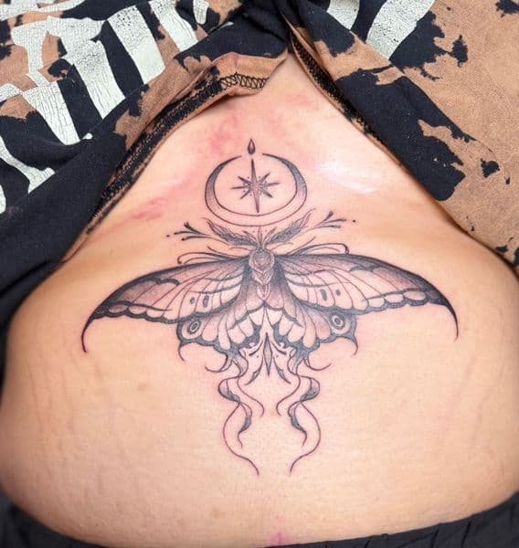 Black & Grey + Fine Line moth tattoo on Sternum by InkedbyJunior on TattMe