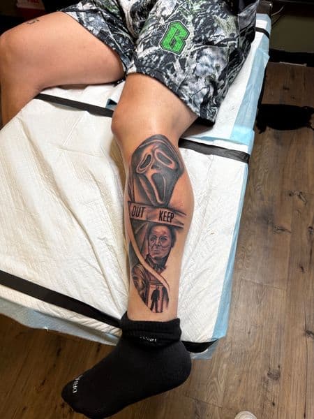 Black & Grey + Realism ghostface tattoo on Calf by InkedbyJunior on TattMe