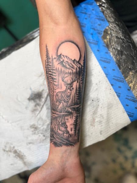 Black & Grey + Illustrative deer tattoo on Forearm by InkedbyJunior on TattMe