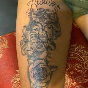 Black & Grey Medusa tattoo on Thigh by Prophesa_ink on TattMe
