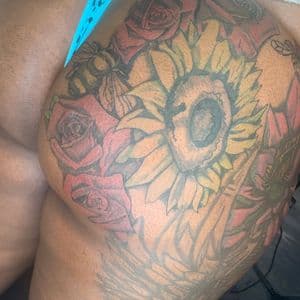 Neo-Traditional + Black & Grey Sunflower, Roses, Bee tattoo on Buttocks by Prophesa_ink on TattMe