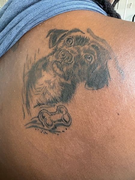 Black & Grey + Illustrative dog tattoo on Shoulder Blade by Prophesa_ink on TattMe