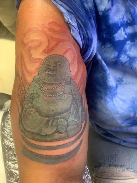 Illustrative + Color buddha tattoo on Upper Arm by Prophesa_ink on TattMe
