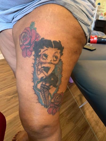 Traditional + Color betty boop tattoo on Thigh by Prophesa_ink on TattMe