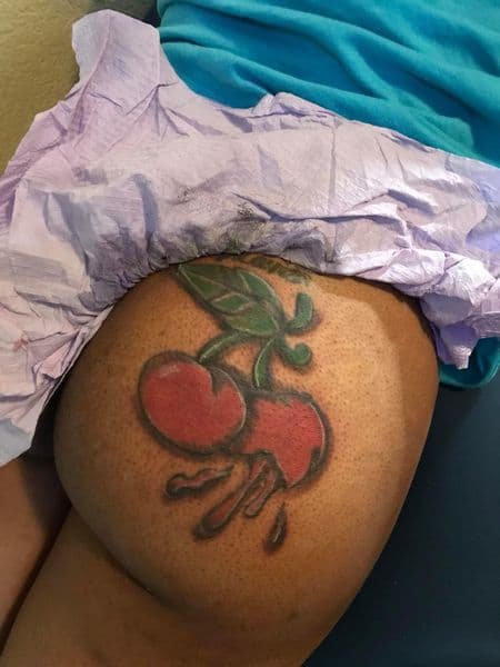 Color + New School cherries tattoo on Thigh by Prophesa_ink on TattMe