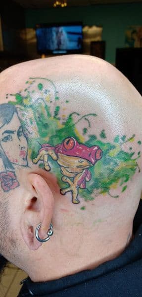 Color + Illustrative frog tattoo on Scalp by ggtat2z_1487 on TattMe