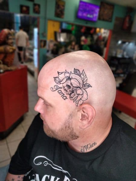 Black & Grey + Illustrative skull tattoo on Scalp by ggtat2z_1487 on TattMe