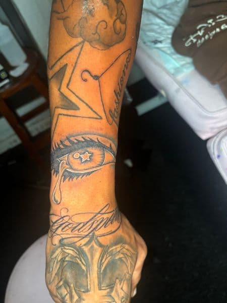 Black & Grey + Lettering eye tattoo on Forearm by tatsby_sos on TattMe