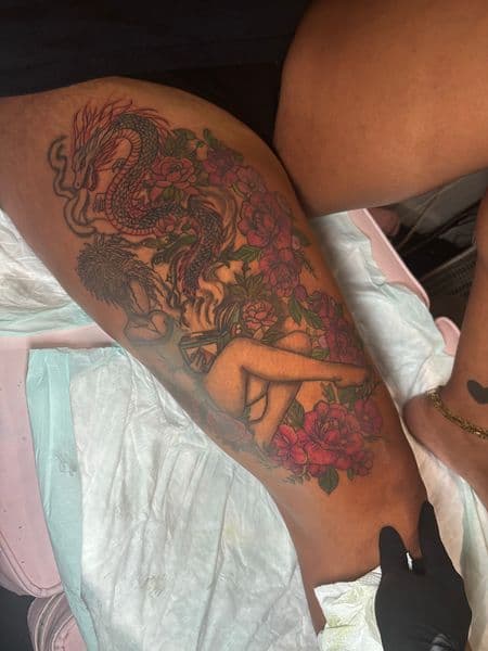 Japanese + Neo-Traditional dragon tattoo on Thigh by tatsby_sos on TattMe