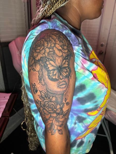 Black & Grey + Floral woman tattoo on Upper Arm by tatsby_sos on TattMe