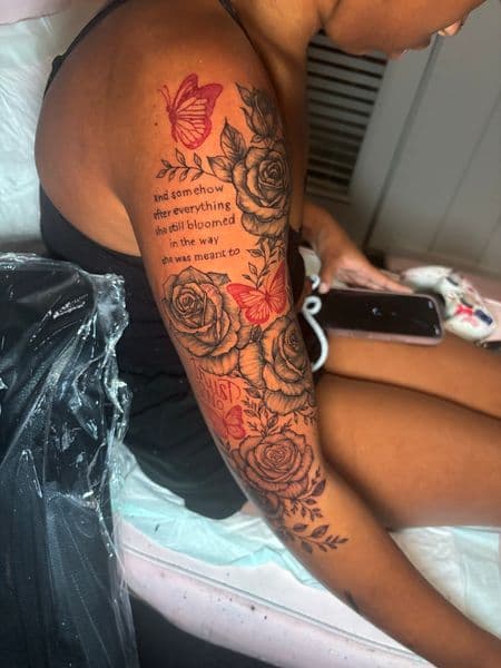Floral + Fine Line roses tattoo on Half Sleeve by tatsby_sos on TattMe
