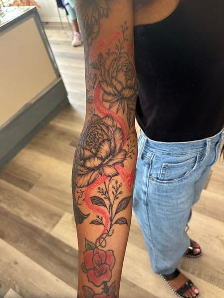Illustrative + Floral peonies tattoo on Forearm by tatsby_sos on TattMe