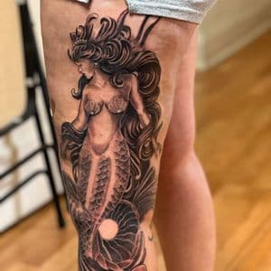 Black & Grey + Illustrative mermaid tattoo on Thigh by tattoogoonz on TattMe