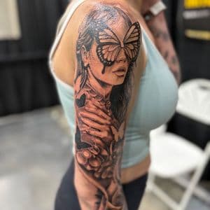 Black & Grey + Realism woman tattoo on Half Sleeve by tattoogoonz on TattMe