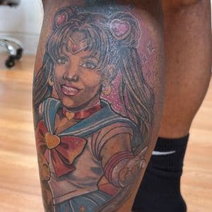 Anime + New School woman tattoo on Calf by tattoogoonz on TattMe