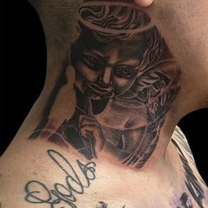 Black & Grey + Realism angel tattoo on Neck (Side) by tattoogoonz on TattMe