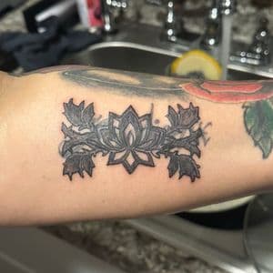 Black-work + Floral lotus tattoo on Forearm by Millogang_ink on TattMe
