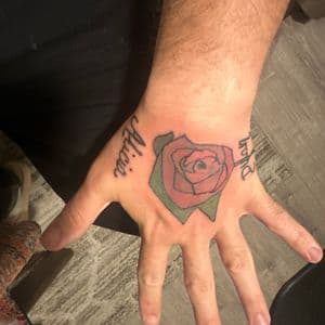 Lettering + Color rose tattoo on Hand by Millogang_ink on TattMe