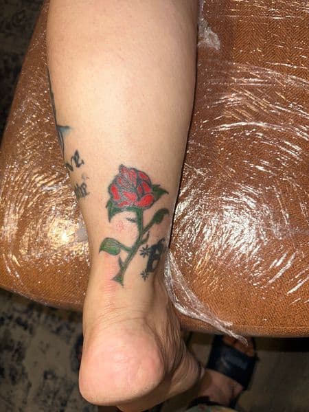 Traditional + Color rose tattoo on Ankle by Millogang_ink on TattMe