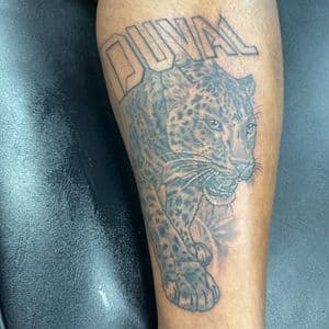 Black & Grey + Lettering leopard tattoo on Calf by LameDoingTatts on TattMe
