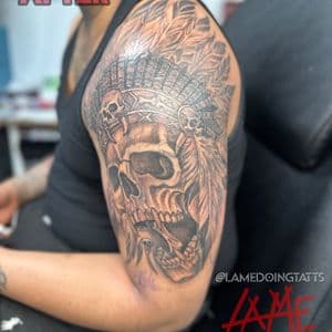 Black & Grey + Illustrative skull tattoo on Upper Arm by LameDoingTatts on TattMe