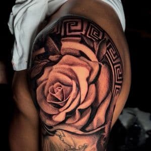 Surrealism + Black & Grey rose tattoo on Shoulder by TATMANERC on TattMe