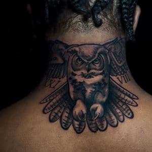 Surrealism + Black & Grey owl tattoo on Neck (Back) by TATMANERC on TattMe