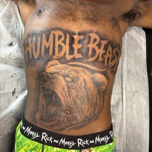 Black & Grey + Illustrative bear tattoo on Stomach by 438Star on TattMe