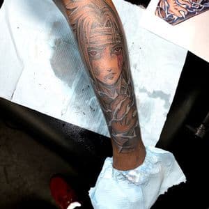 Anime + Black & Grey anime character tattoo on Shin by 438Star on TattMe