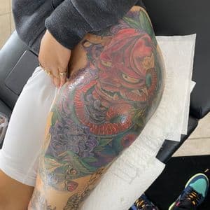 Japanese + Color hannya mask tattoo on Thigh by 438Star on TattMe