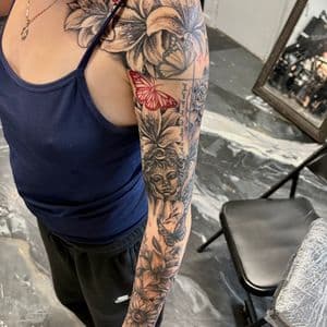 Black & Grey + Floral flowers tattoo on Full Sleeve by 438Star on TattMe