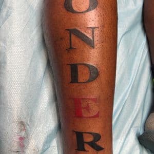 Lettering + Typography letters tattoo on Calf by ink_by_trainwreck on TattMe