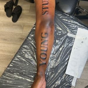 Lettering + Typography lettering tattoo on Calf by ink_by_trainwreck on TattMe