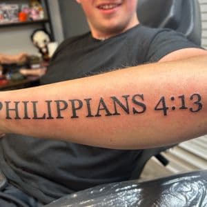 Lettering + Black-work scripture tattoo on Forearm by ink_by_trainwreck on TattMe
