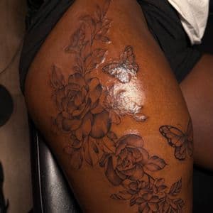 Fine Line + Black & Grey roses tattoo on Thigh by tattoo.banditt on TattMe