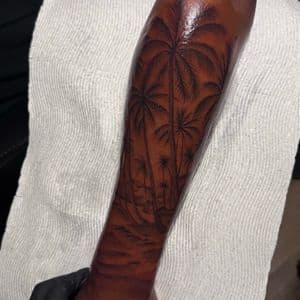 Fine Line + Black & Grey palm trees tattoo on Forearm by tattoo.banditt on TattMe