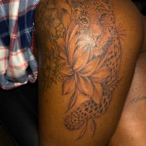 Fine Line + Black & Grey leopard tattoo on Thigh by tattoo.banditt on TattMe