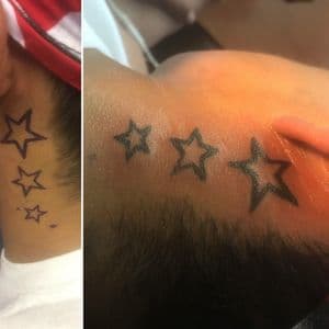 Fine Line + Black-work stars tattoo on Neck (Side) by LastWordArtistryInk on TattMe
