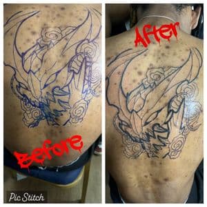 Line-work + Illustrative dragon tattoo on Upper Back by LastWordArtistryInk on TattMe