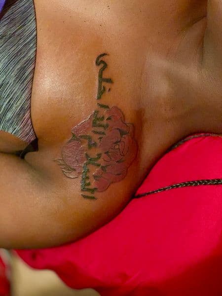 Lettering + Floral script tattoo on Chest by LastWordArtistryInk on TattMe