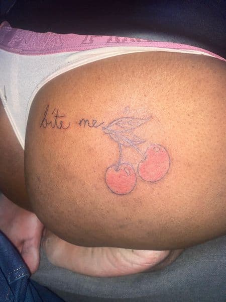 Line-work + Script cherries tattoo on Hip by LastWordArtistryInk on TattMe