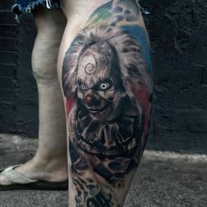 Realism + Horror clown tattoo on Calf by ink_by_Ronnie on TattMe