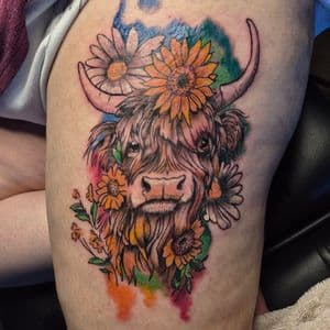 Illustrative + Watercolor cow tattoo on Thigh by ink_by_Ronnie on TattMe