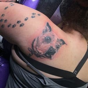 Realism + Black & Grey dog tattoo on Shoulder Blade by ink_by_Ronnie on TattMe